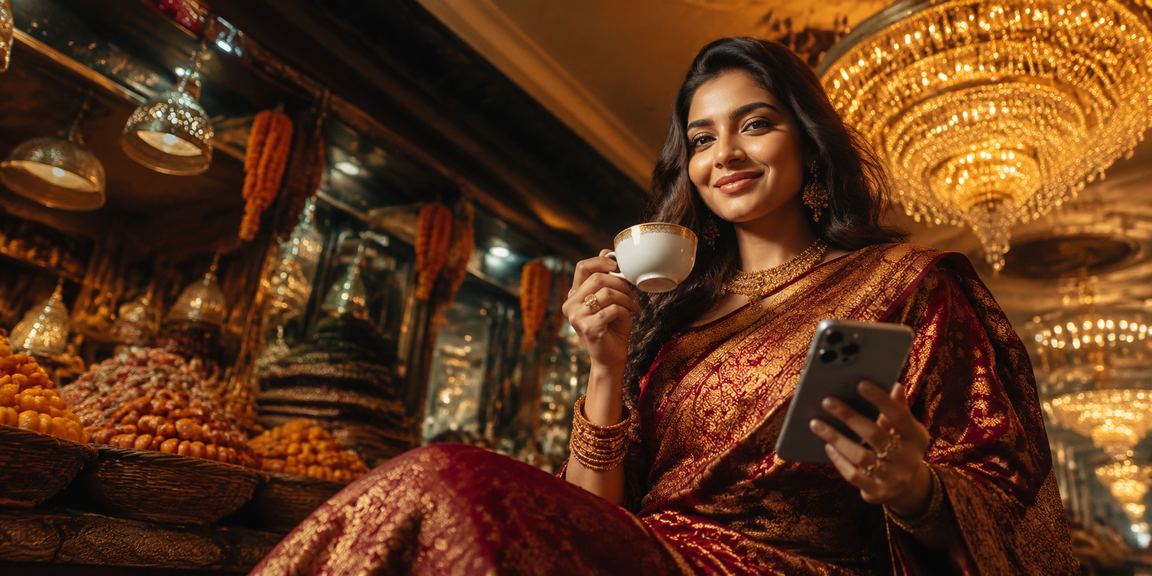 বগুড়ায় শাড়ি পরা নারী ভিআইপি বোনাস অফার দেখছেন মোবাইলে